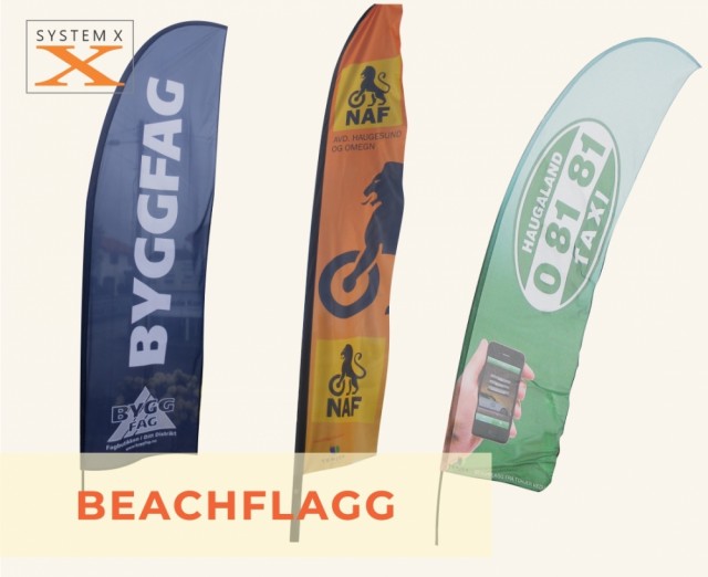 3 sett med beachflagg med egen logo