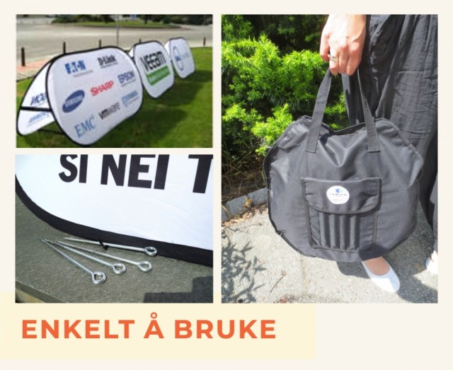 Popup banner med borrelåsstag, bakkeplugger og bæreveske. 